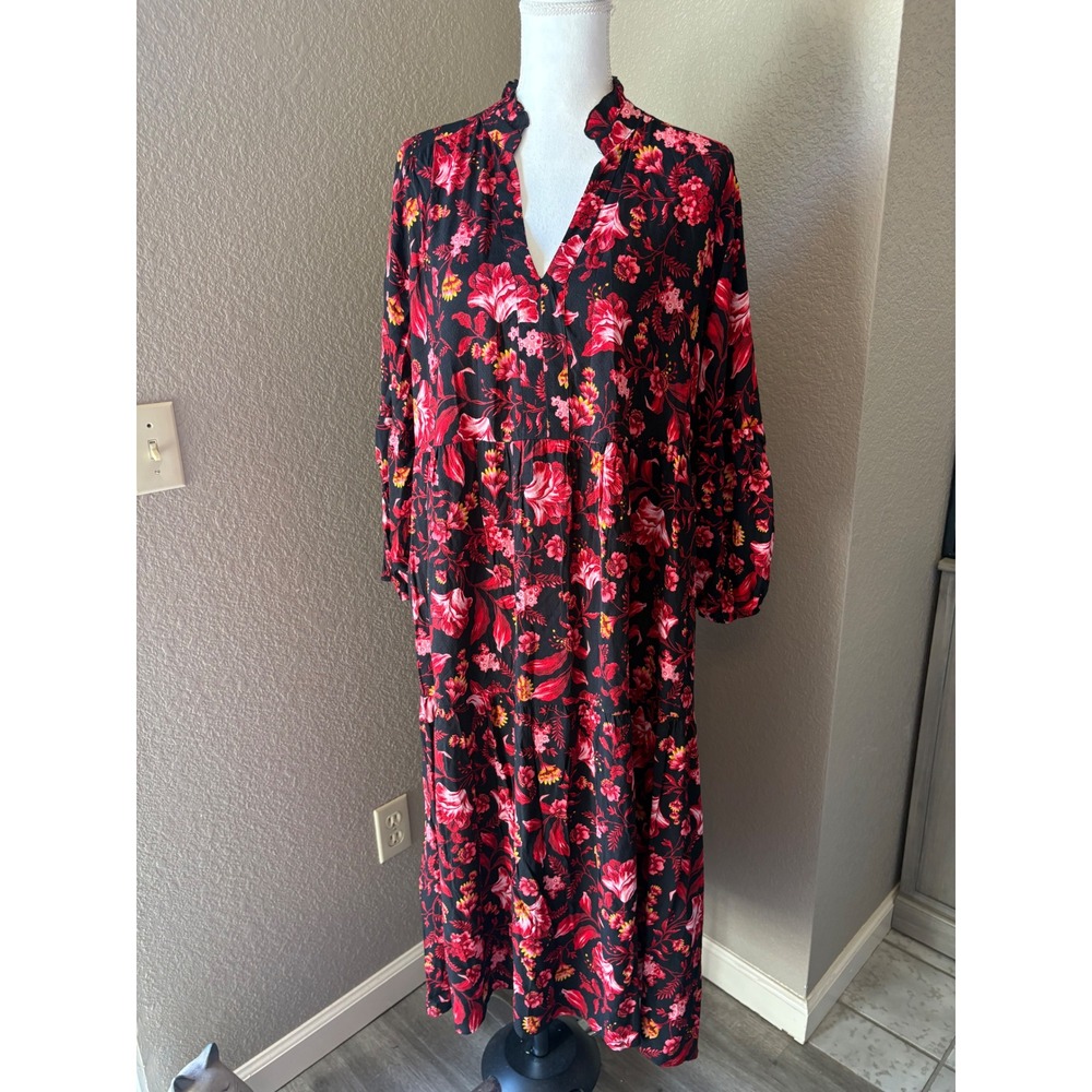 Terra & Sky Womens 0X 14W Black Red Floral Tiered Boho Maxi Dress‎ Long Sleeve